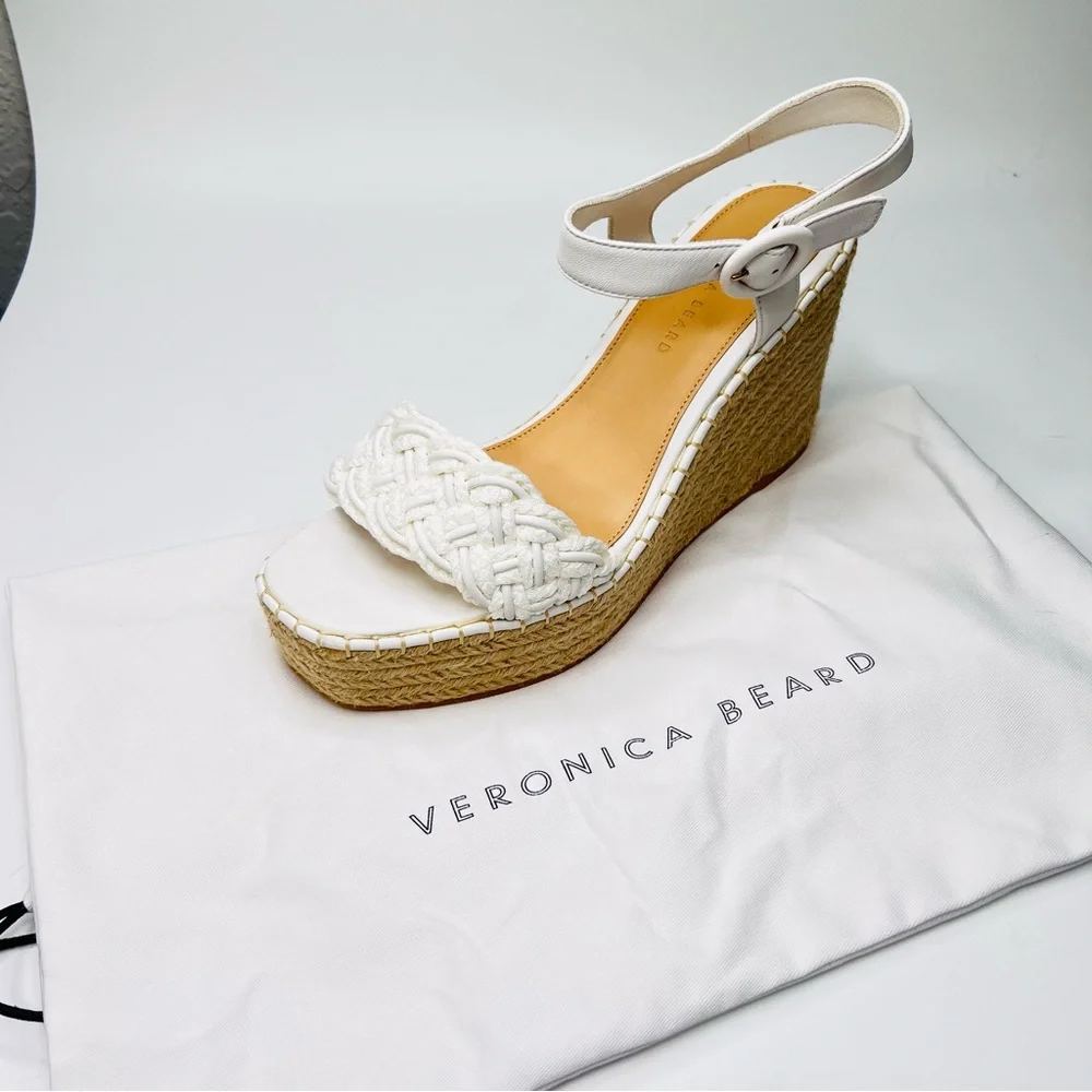 Veronica Beard Reema White Braided Ankle Strap Wedge Platform Espadrille Sandal